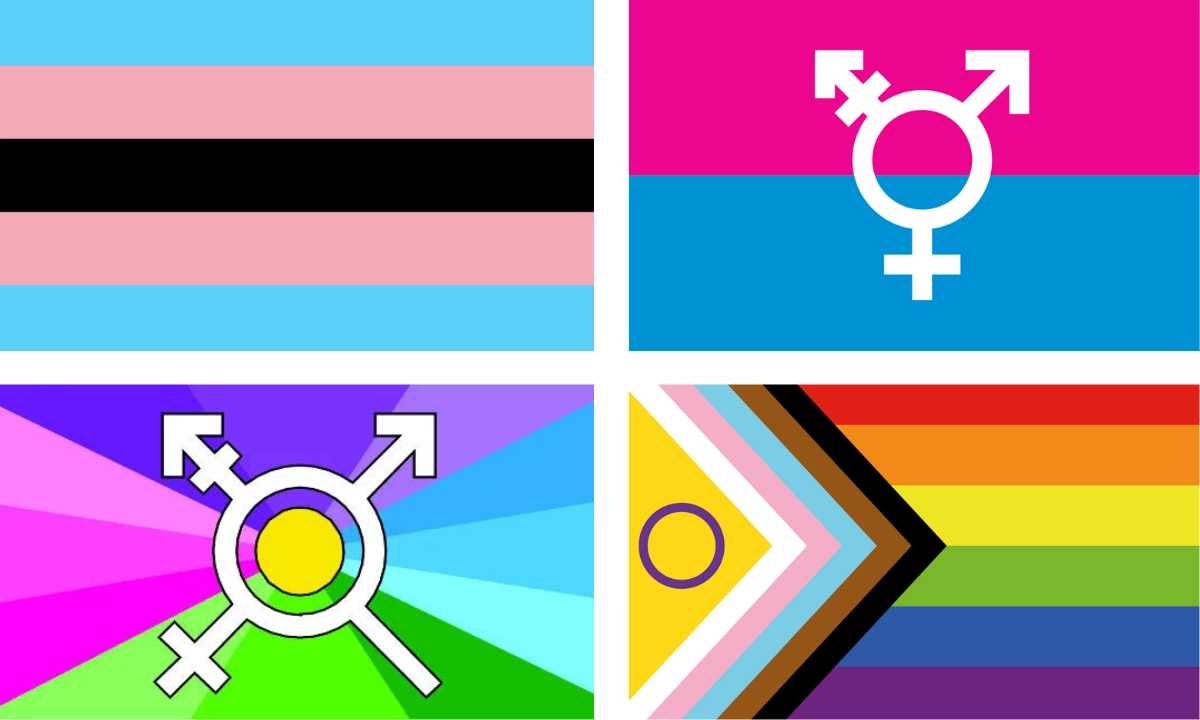 Transgender Flag: Colours, Meaning and History 14 Four different transgender flags, frequently found across different communities. Examples include the black trans flag, Michelle Lindsay design and trans kaleidoscope. Also included is the progress pride flag.