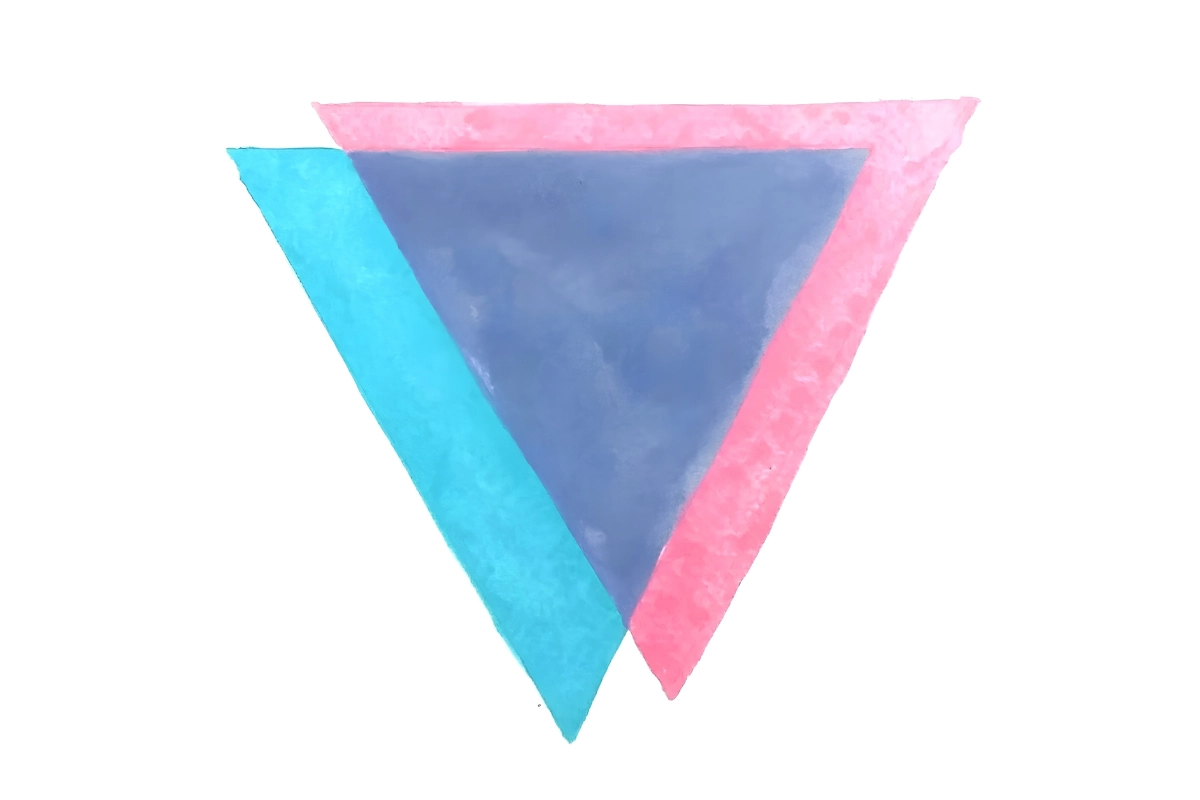 Watercolor-style bisexual pride symbol made from overlapping pink, purple, and blue inverted triangles on a white background.