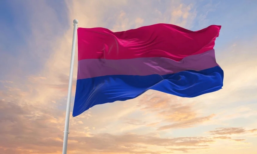 Bisexual pride flag with pink, purple, and blue horizontal stripes waving on a flagpole against a warm sunset sky.