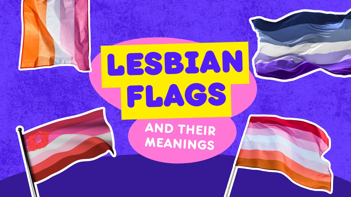 Graphic banner reading "Lesbian Flags and Their Meanings" on a purple background, surrounded by illustrations of four different lesbian pride flags, including the sunset, lipstick, and butch variations.