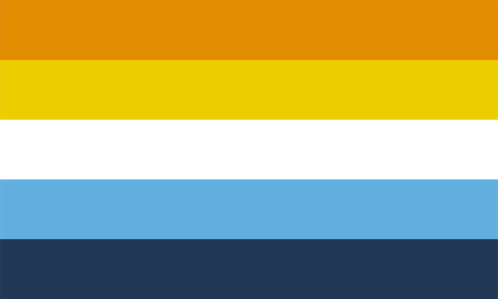 Aroace flag, symbol of the intersection of aromantic and asexual identities, six stripes in orange, yellow, white, and shades of blue represent inclusivity and diversity orientations, LGBT pride flag