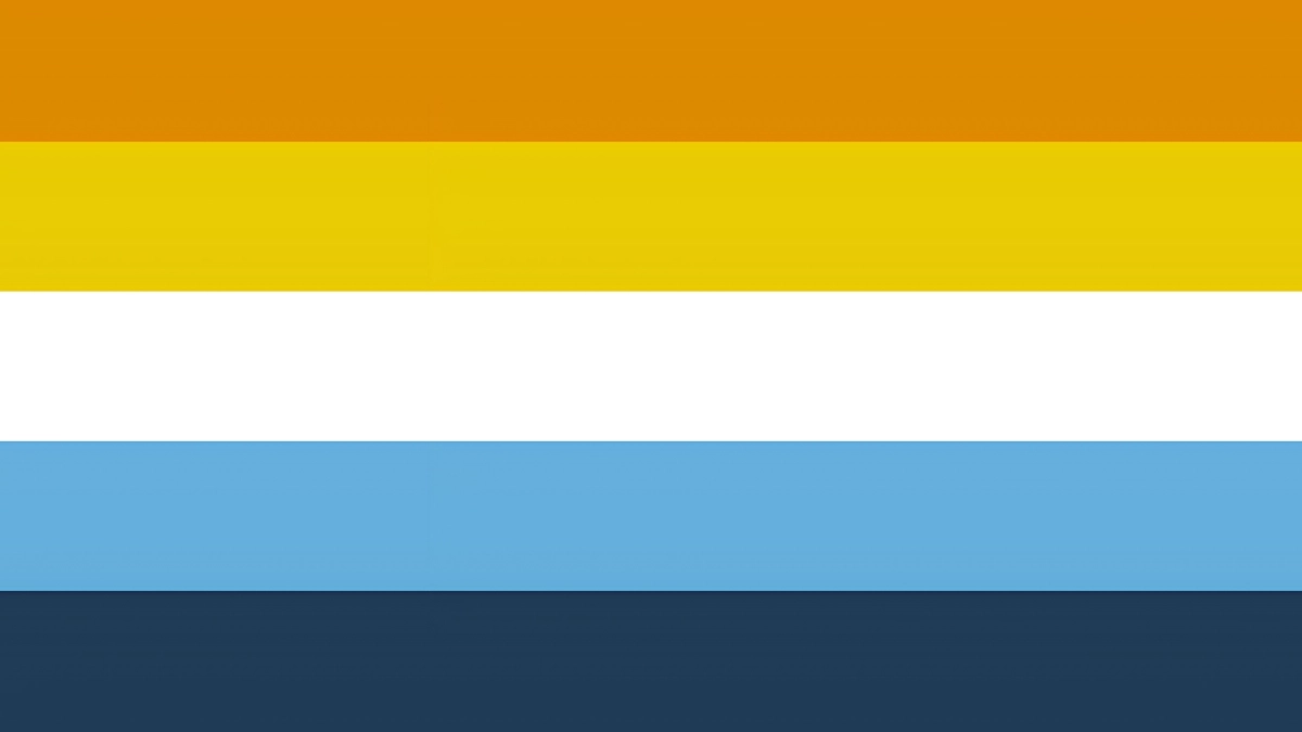 Sunset aroace flag, featuring five different colours.