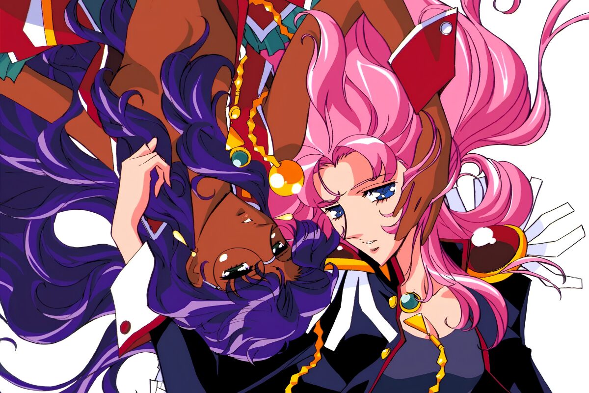 Anthy Himemiya, left, is lying upside down, her head next to Utena Tenjou’s, right-side up. Utena’s right arm reaches around and behind Anthy’s head towards the nape of her neck