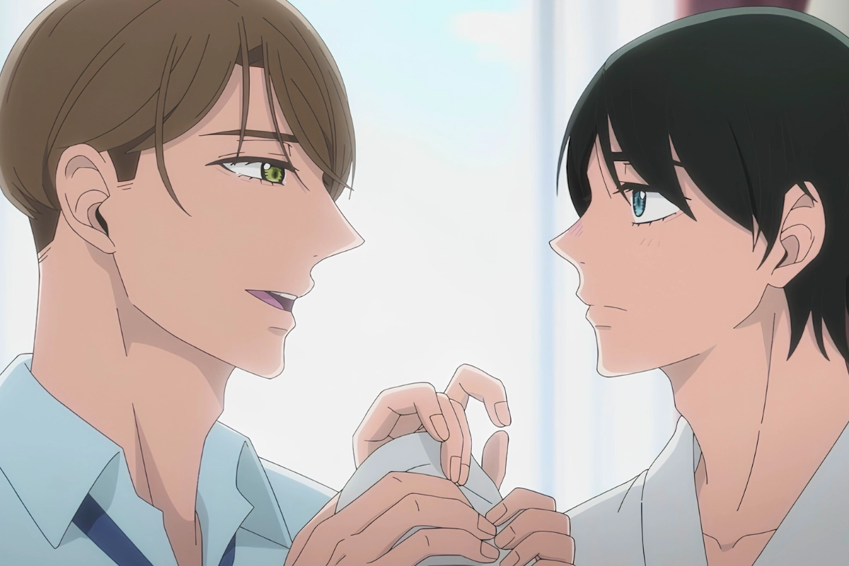 Two young men face each other at close range, with one gently holding the other’s shirt as they exchange an intimate look.