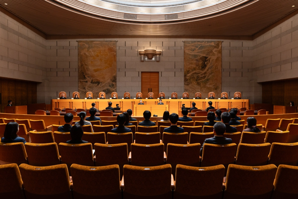 What Is It Like to Be Bisexual in Japan? 20 Interior of the Supreme Court of Japan’s Grand Bench courtroom, showing the judges seated across the raised bench with attendees facing them beneath the large circular skylight.