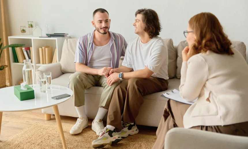 Two men sit closely together on a sofa holding hands while speaking with a therapist in a bright, comfortable counseling room.