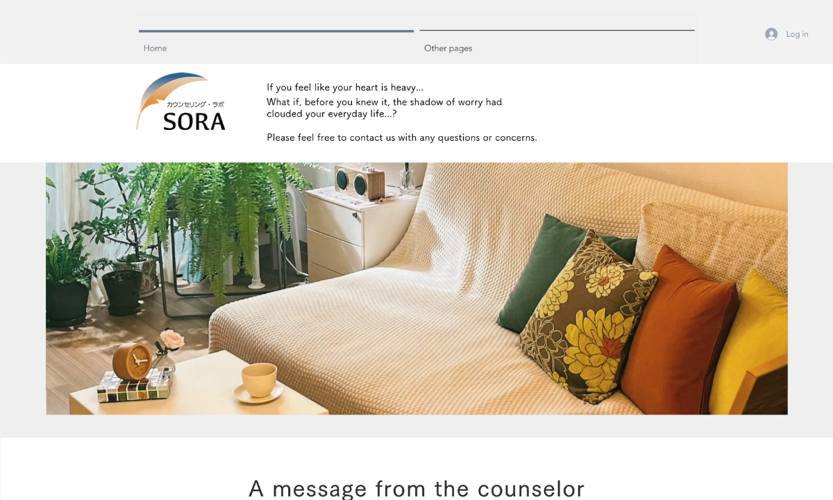 Screenshot of the Counseling Lab SORA website, featuring a bright counseling room with a sofa, plants, cushions, and a small table.