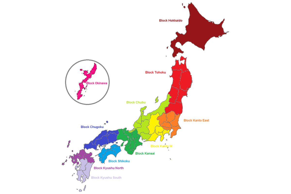 What Is It Like to Be Bisexual in Japan? 19 Color-coded map of Japan divided into regional blocks, including Hokkaido, Tohoku, Kanto, Chubu, Kansai, Chugoku, Shikoku, Kyushu, and Okinawa.