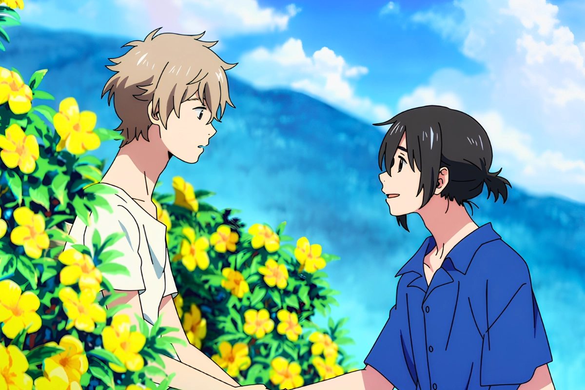 Two young men face each other among bright yellow flowers, with green mountains and a blue summer sky behind them.