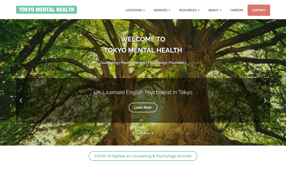 Screenshot of the Tokyo Mental Health website homepage, featuring a large tree image and information about counseling, psychotherapy, psychology, and psychiatry services in Tokyo.