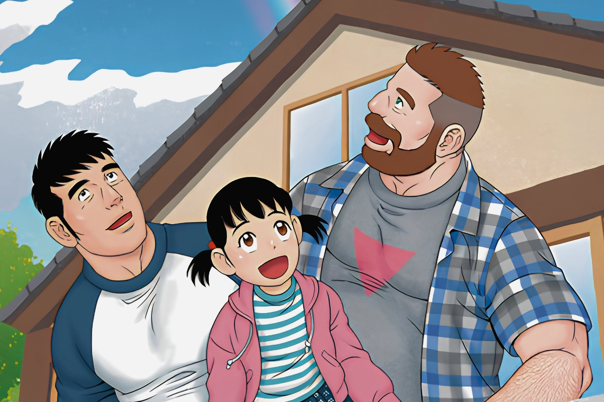 Illustration of two men and a young girl smiling together outside a house.