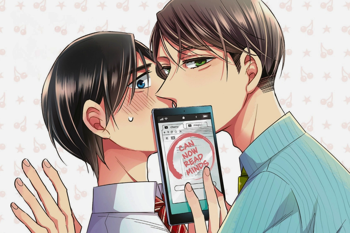 Two illustrated men lean close together as one holds up a smartphone between them.