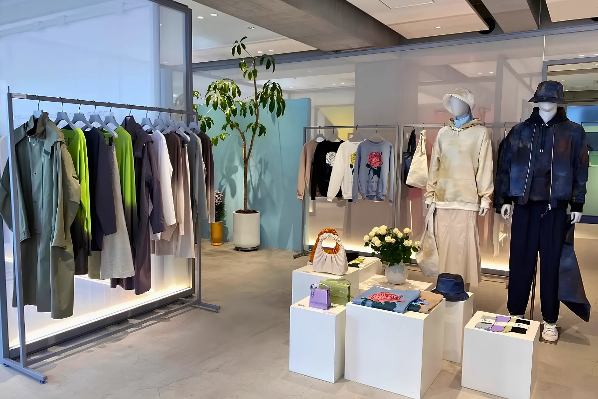 Gender-neutral clothing displayed in a modern boutique, with relaxed jackets, tops and trousers arranged on racks and two mannequins in coordinated casual outfits.