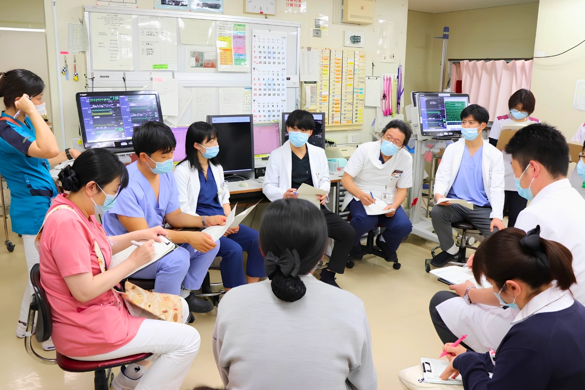 Getting Gender-Affirming Surgery in Japan: Providers, Costs and Preparation 14 Multidisciplinary hospital team of doctors, nurses, and other medical staff meet in a clinical ward to discuss patient care.