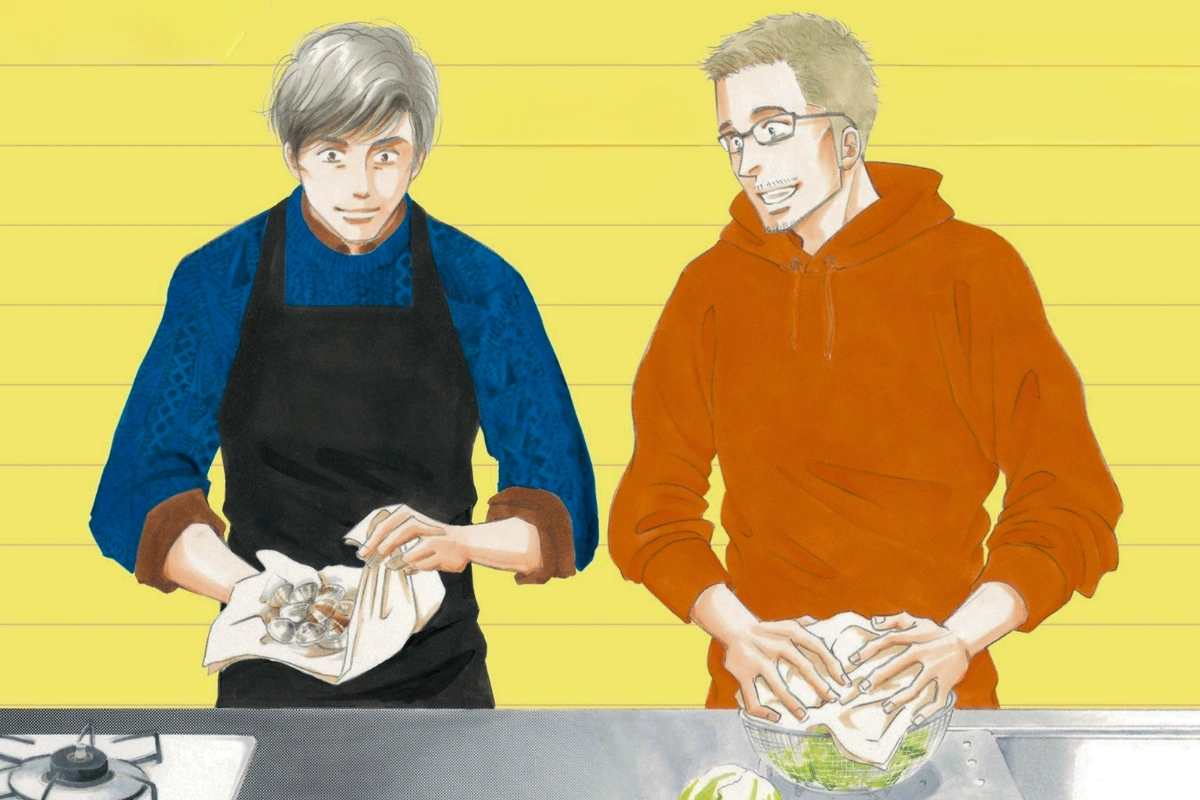 Two illustrated men prepare food together at a kitchen counter.
