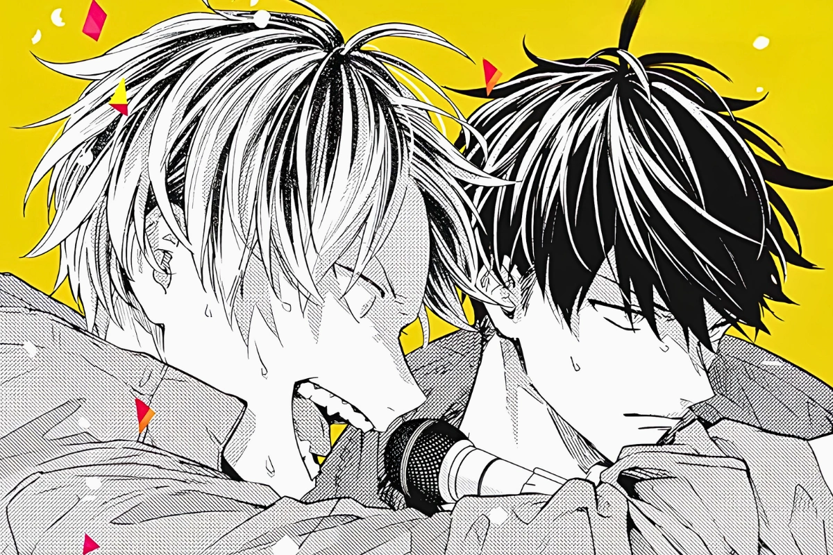 Black-and-white manga illustration of two young men singing closely into the same microphone against a bright yellow background.