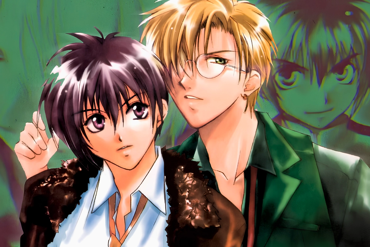Anime-style illustration of two young men posing closely together against a green background.