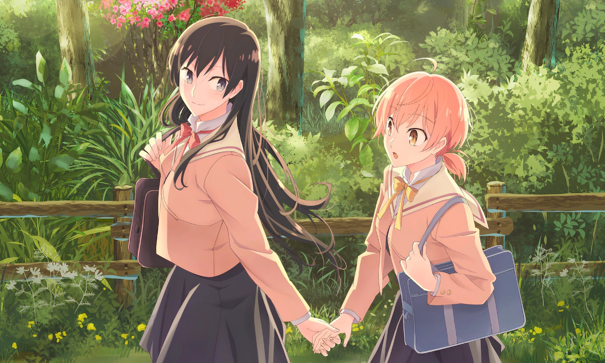 Two anime schoolgirls hold hands while walking together through a lush green garden.