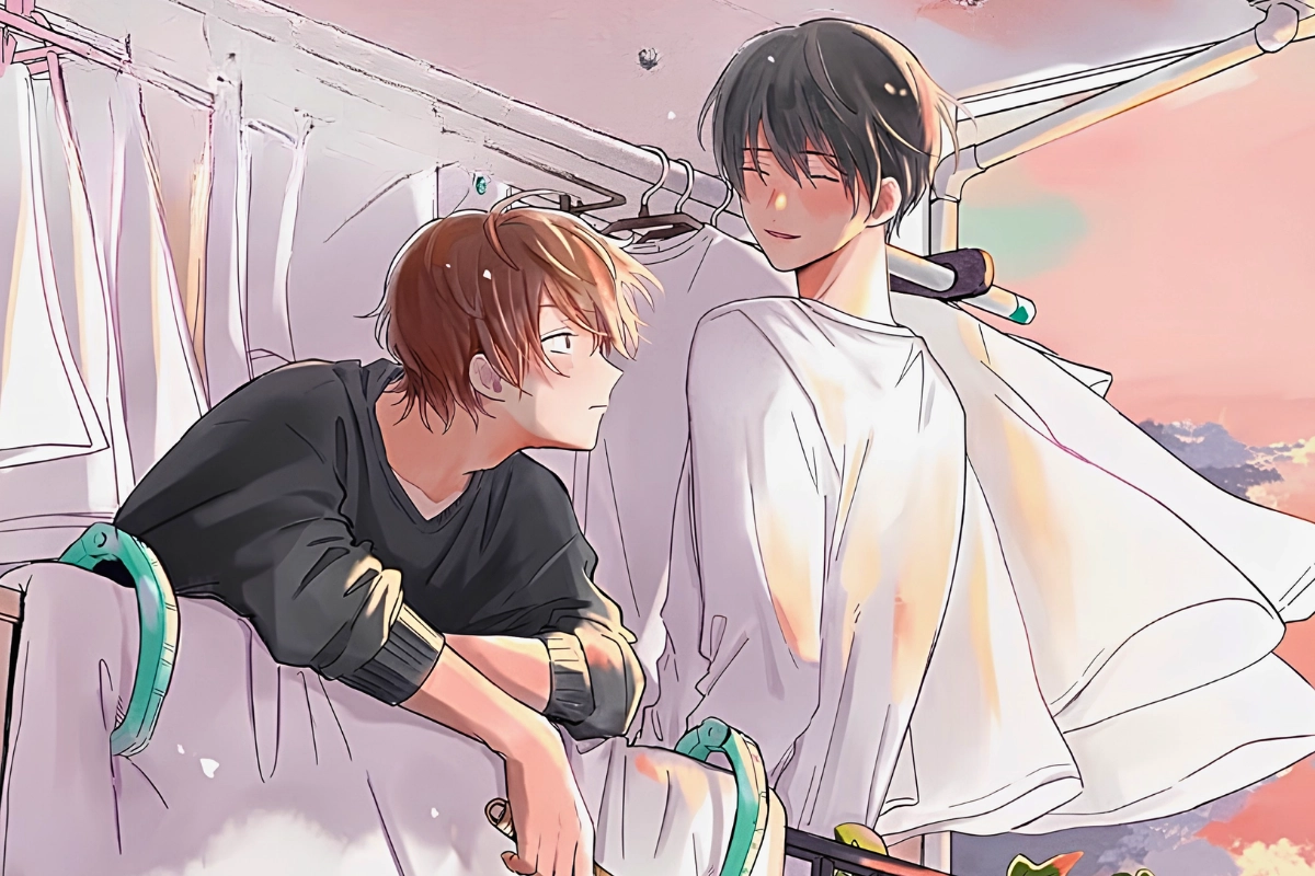 Two illustrated young men look at each other while hanging laundry against a warm sunset sky.