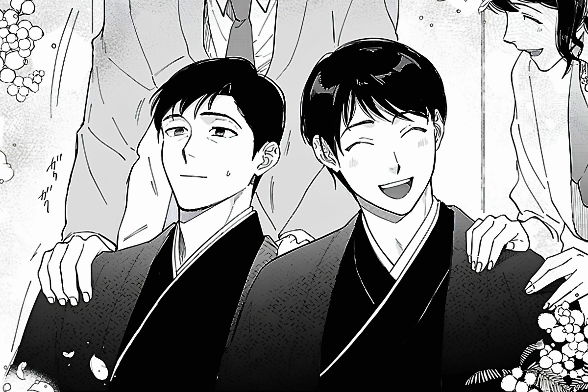 Black-and-white manga panel showing two men in formal kimono seated together at a wedding.