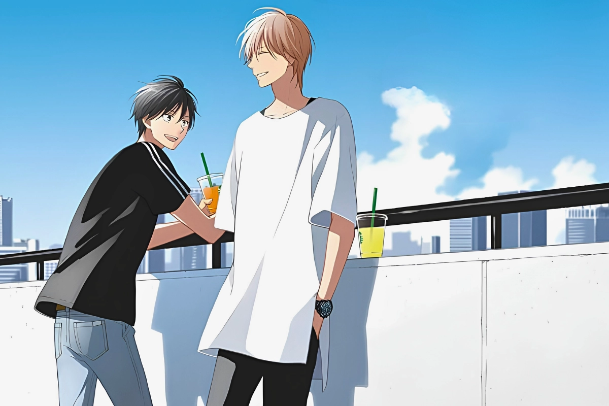 Two anime young men stand together on a rooftop under a bright blue sky, each holding a drink.