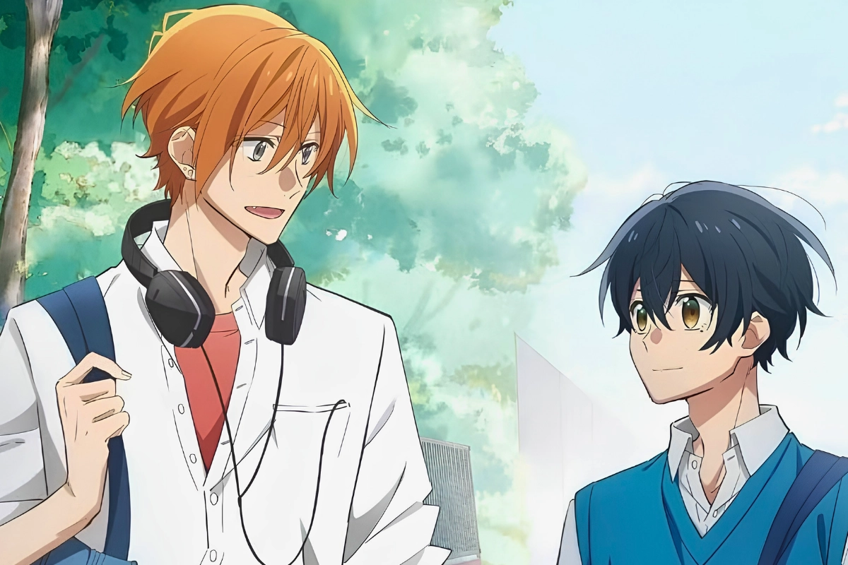 Two anime boys walk together outdoors, one wearing headphones around his neck and the other carrying a school bag.