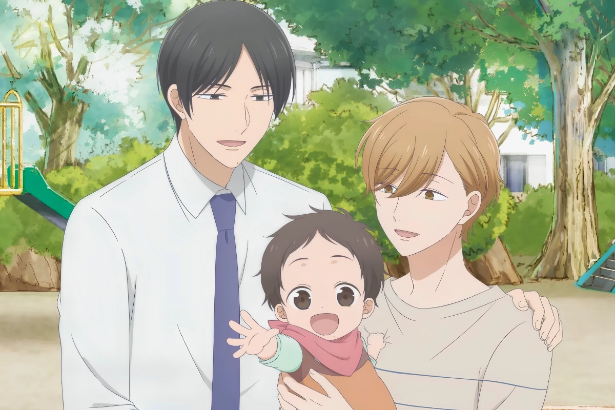 Two anime men hold a smiling baby together in a leafy park.