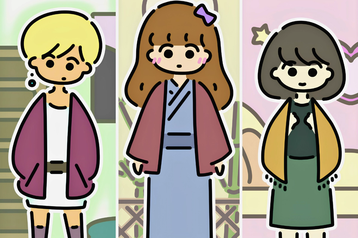Three illustrated characters from A Year of Springs shown side by side against pastel backgrounds.