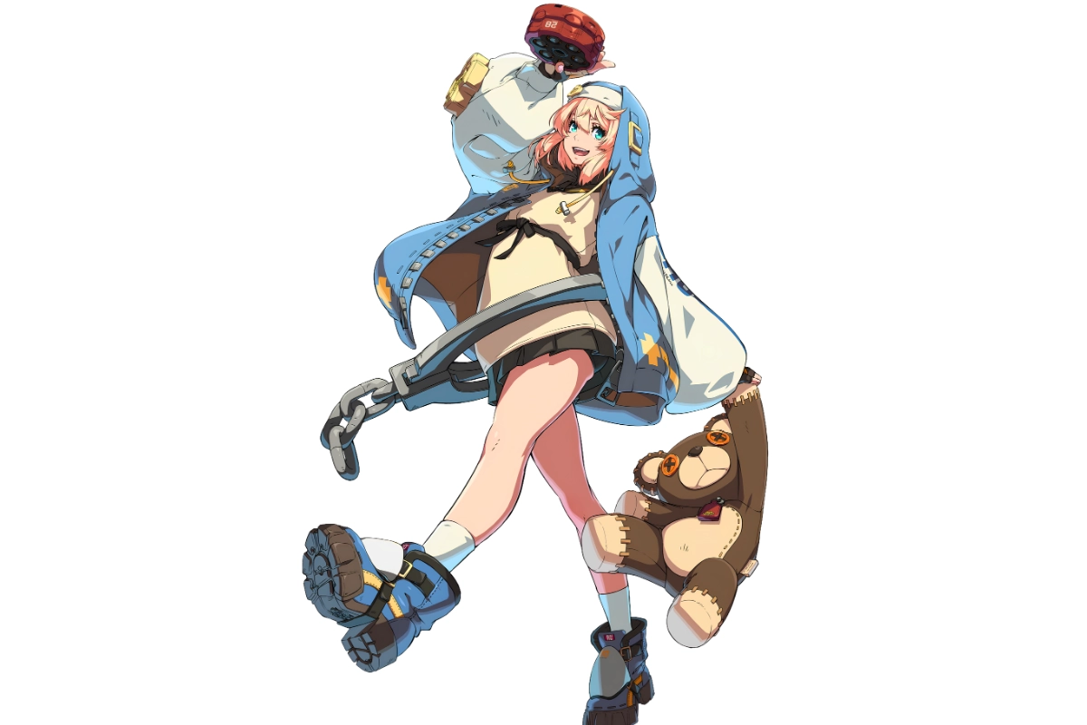 Bridget from Guilty Gear poses in a blue hooded outfit while holding her yo-yo weapon.