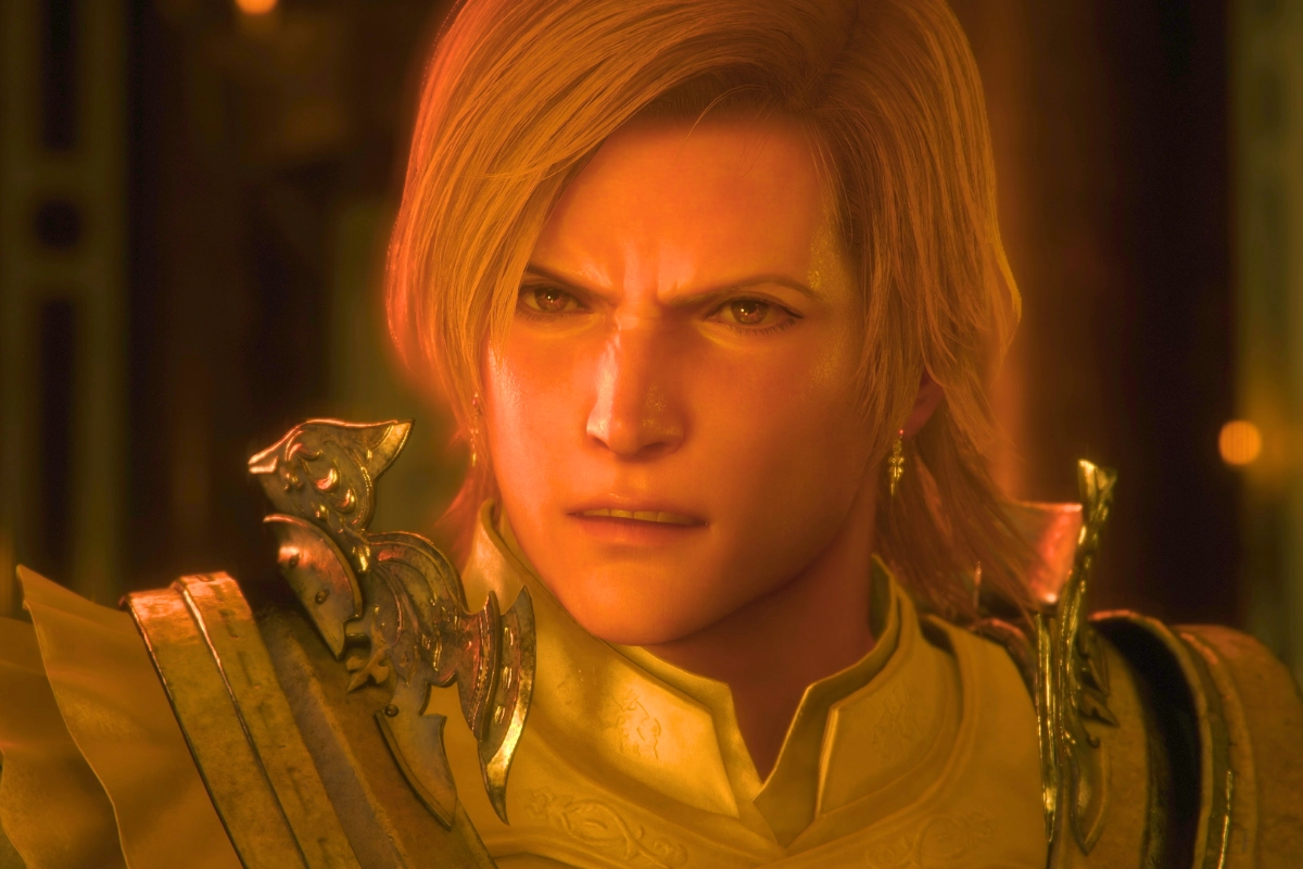 Dion Lesage from Final Fantasy XVI shown in ornate armor under warm golden lighting.