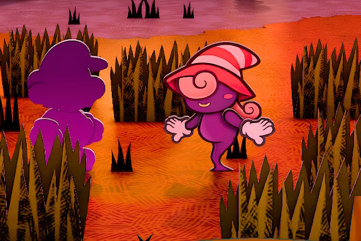 Vivian from Paper Mario: The Thousand-Year Door stands in a colorful paper-style landscape.