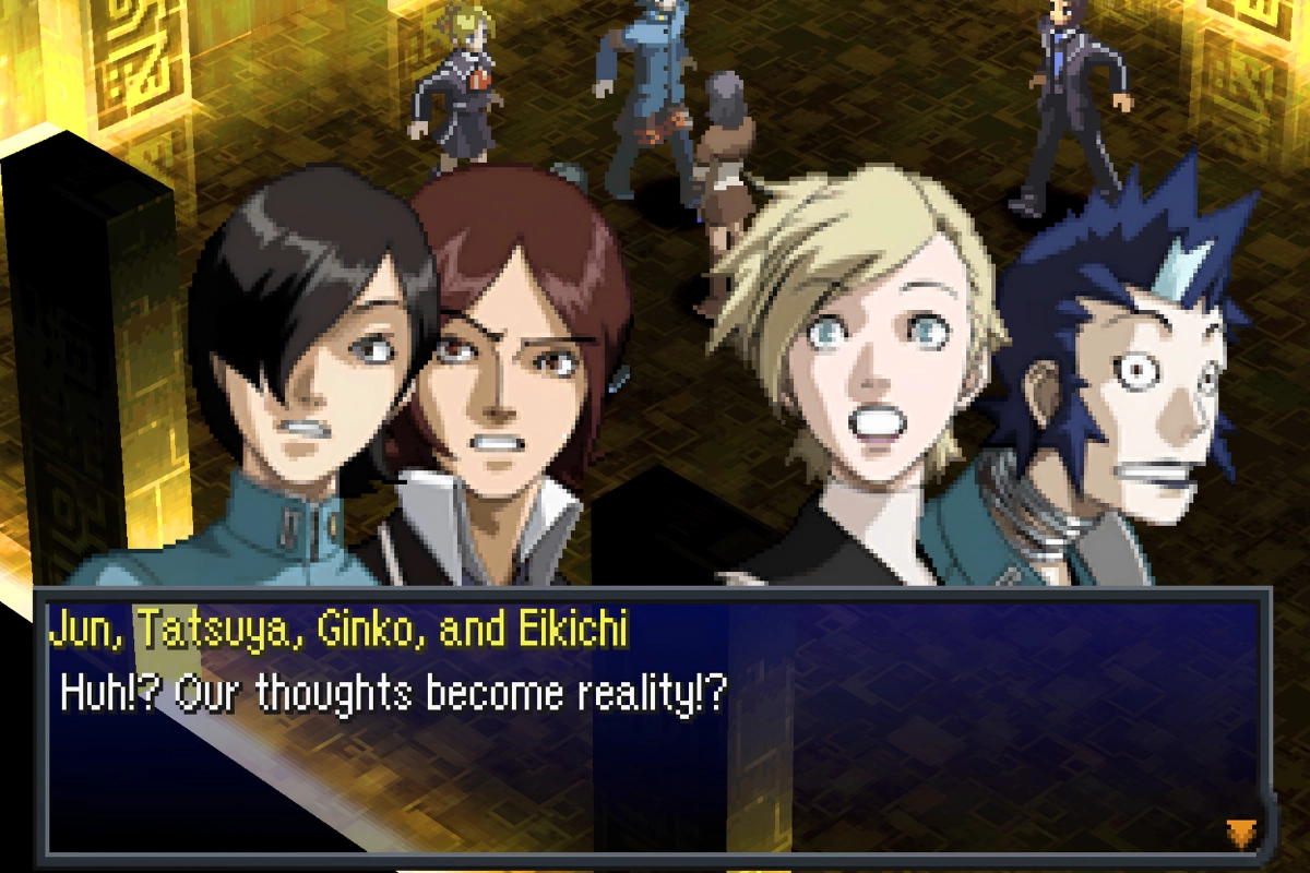 Persona 2 gameplay scene showing Jun, Tatsuya, Ginko and Eikichi reacting during a dialogue sequence.