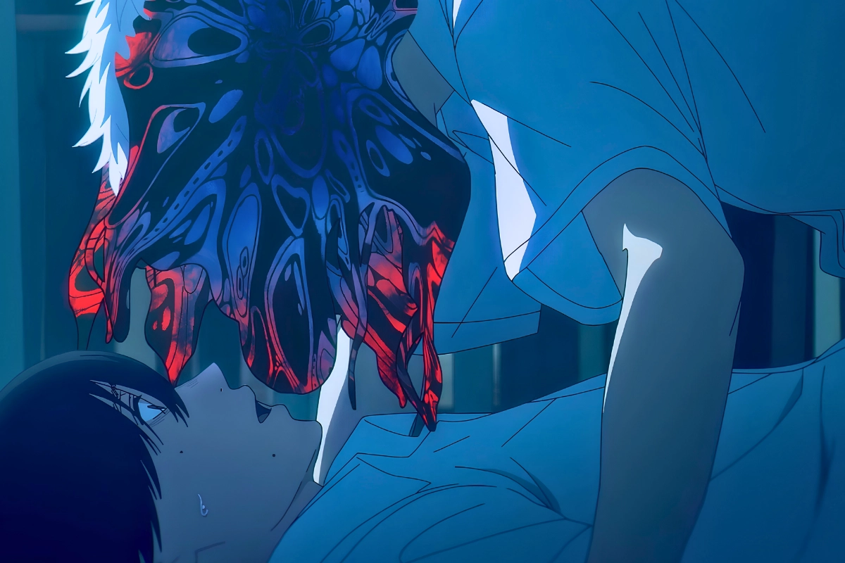 Is The Summer Hikaru Died Gay? Queer Themes Explained 14 Yoshiki lies beneath Hikaru as Hikaru’s face and upper body dissolve into a dark red-and-blue, fluid-like supernatural mass looming over him.