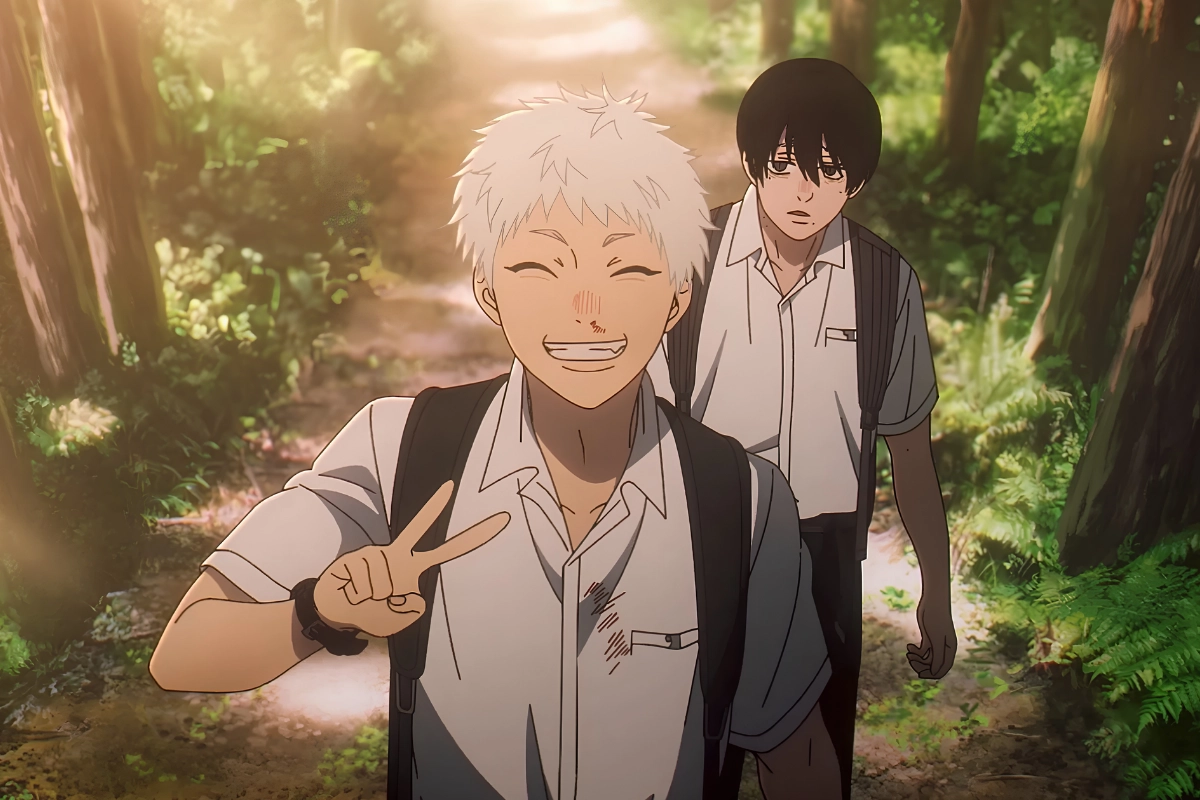 Is The Summer Hikaru Died Gay? Queer Themes Explained 13 Hikaru smiles brightly and flashes a peace sign while walking along a sunlit forest path, with Yoshiki following behind looking uneasy and withdrawn.