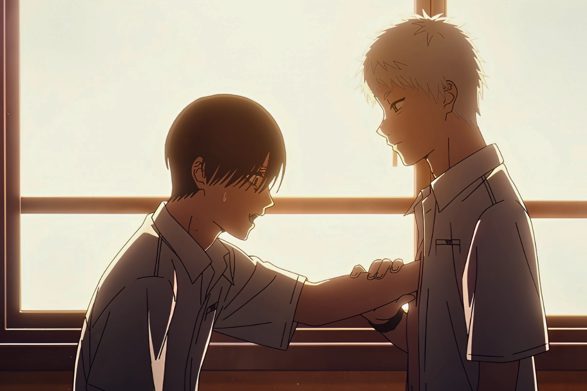 Is The Summer Hikaru Died Gay? Queer Themes Explained 12 Yoshiki grips Hikaru’s forearm during an intense conversation in a sunlit classroom, with Hikaru looking down at him calmly.