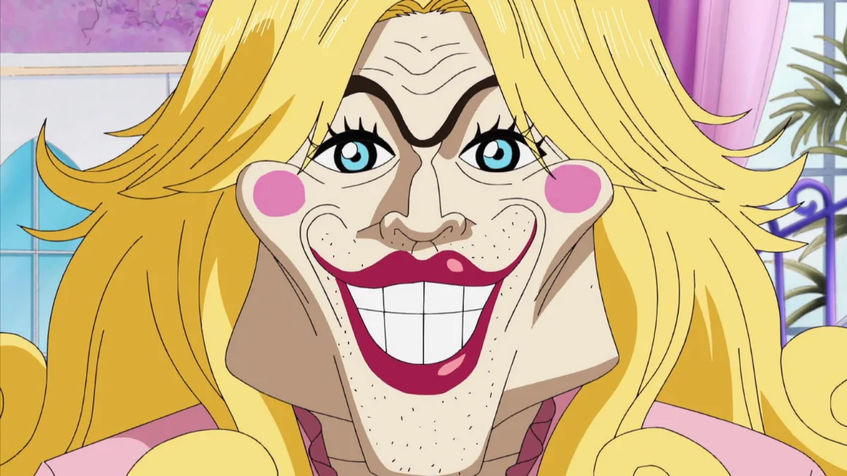 What Does 'Okama' Mean? Japanese LGBTQ+ Slang Explained 15 Anime character from anime ‘One Piece’ with long blond hair and exaggerated feminine makeup, showing how the Japanese LGBTQ term ‘okama’ is portrayed in anime.