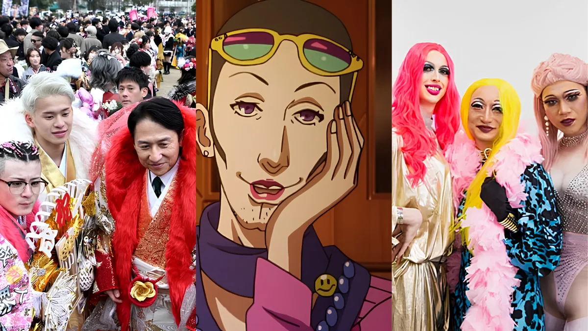What Does 'Okama' Mean? Japanese LGBTQ+ Slang Explained 13 Collage of gender-nonconforming festivalgoers, an animated queer character, and drag performers exploring the meaning and cultural use of ‘okama’ in Japan.