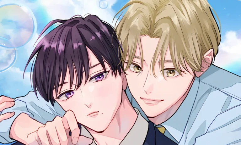 Two anime-style young men pose closely together against a bright blue background, with one blond character smiling and wrapping an arm around the dark-haired character.