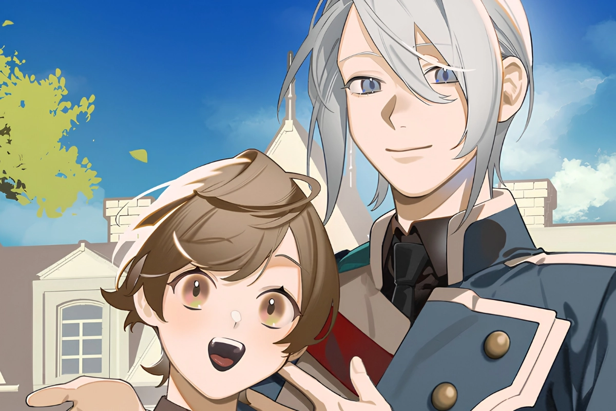 New BL and Yaoi Anime Releases in 2026 12 Two smiling anime-style young men posing closely together outdoors, one with short brown hair and the other with long silver hair, against a bright blue sky.