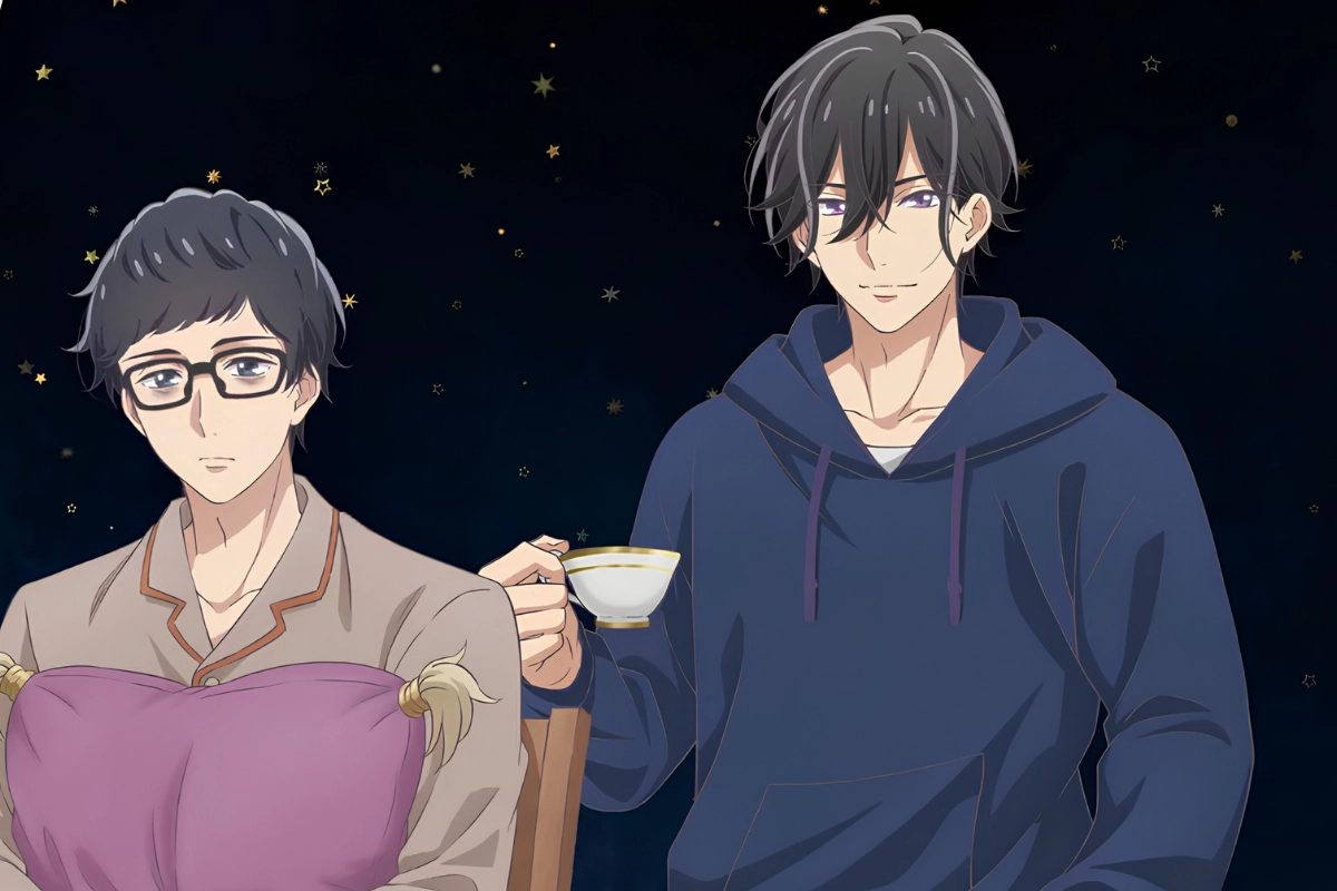 New BL and Yaoi Anime Releases in 2026 13 Two anime-style men seated together against a dark, starry background, one wearing glasses and holding a cushion while the other smiles and holds a teacup.