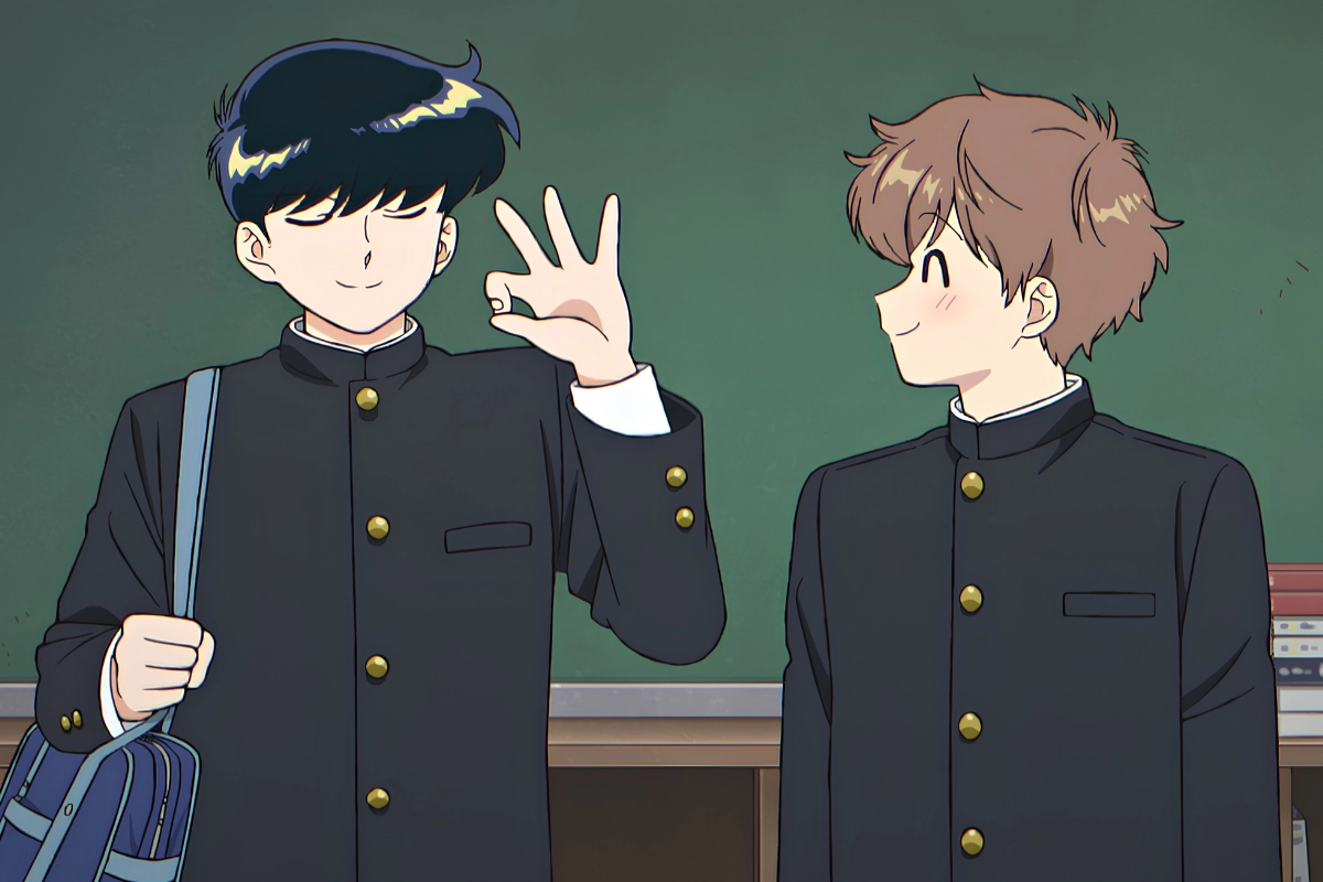 New BL and Yaoi Anime Releases in 2026 14 Two anime-style schoolboys in black uniforms stand in a classroom, with one making an “OK” hand gesture while the other smiles at him.