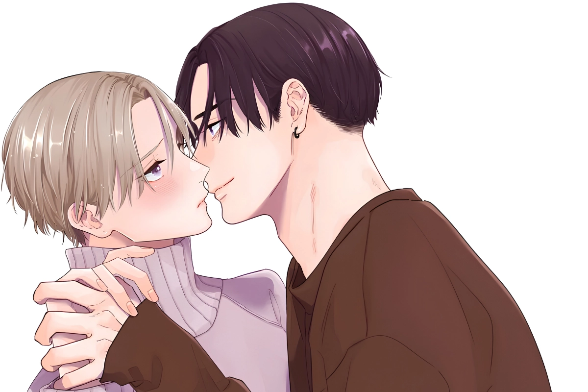 New BL and Yaoi Anime Releases in 2026 15 Two anime-style young men lean in for a kiss, one with light blond hair and a turtleneck and the other with dark hair and a hoop earring, against a plain white background.