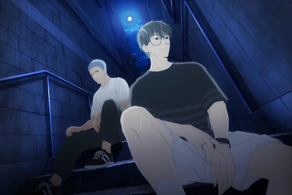 New BL and Yaoi Anime Releases in 2026 16 Two anime-style young men sit on steps in a narrow moonlit alley, one wearing glasses and a black shirt in the foreground while the other sits behind him in a white shirt.
