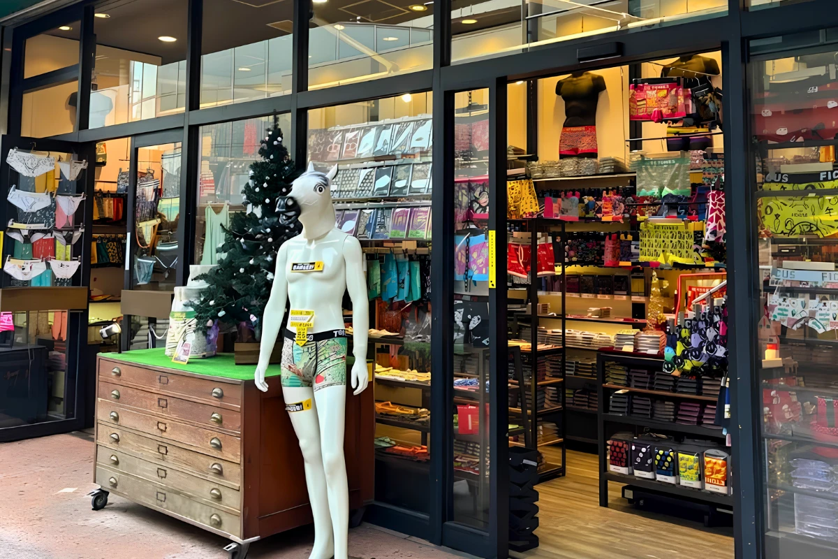 Storefront of a colorful men’s underwear shop, with racks of patterned briefs visible inside and a mannequin outside wearing printed underwear and a horse-head mask.
