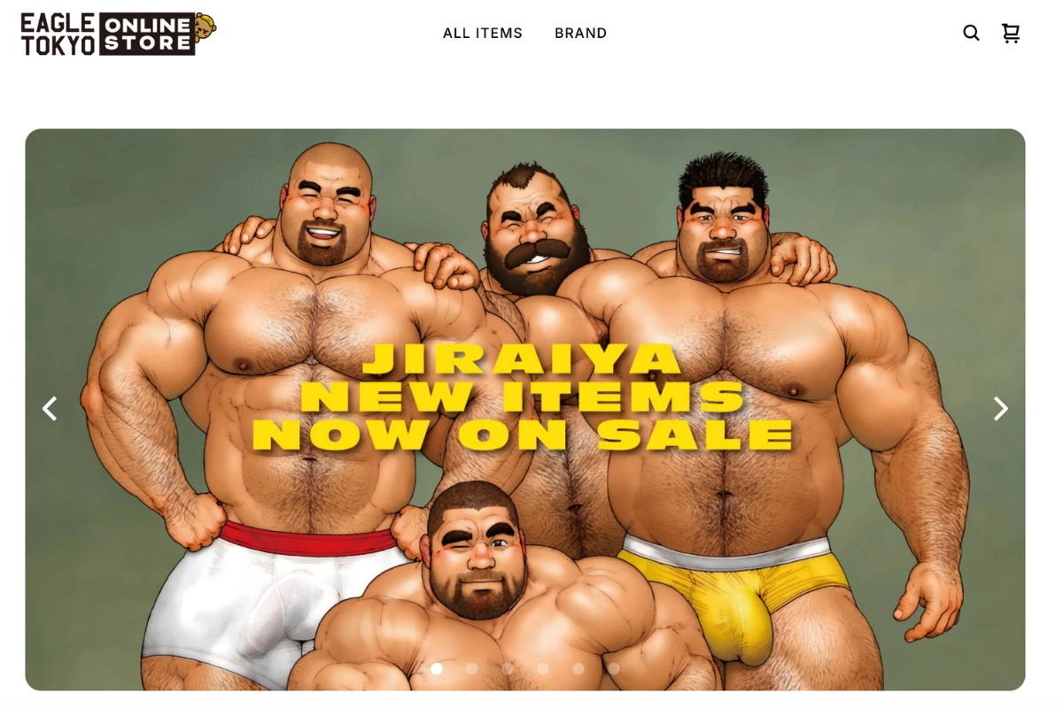 Eagle Tokyo Online Store webpage featuring an illustrated banner of four muscular, bearded men in briefs promoting new Jiraiya merchandise.