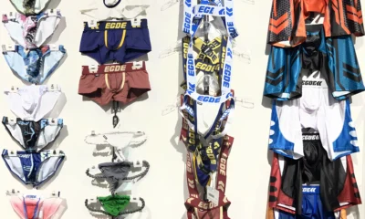 Various types of underwear displayed on hangers.