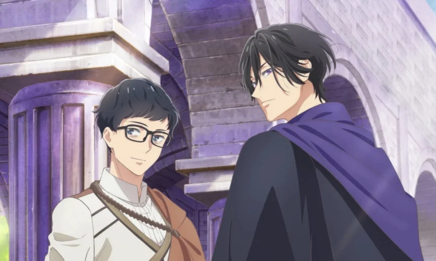 Two anime-style young men stand together outside a stone building, one wearing glasses and light clothing and the other dressed in dark clothing with a purple scarf.