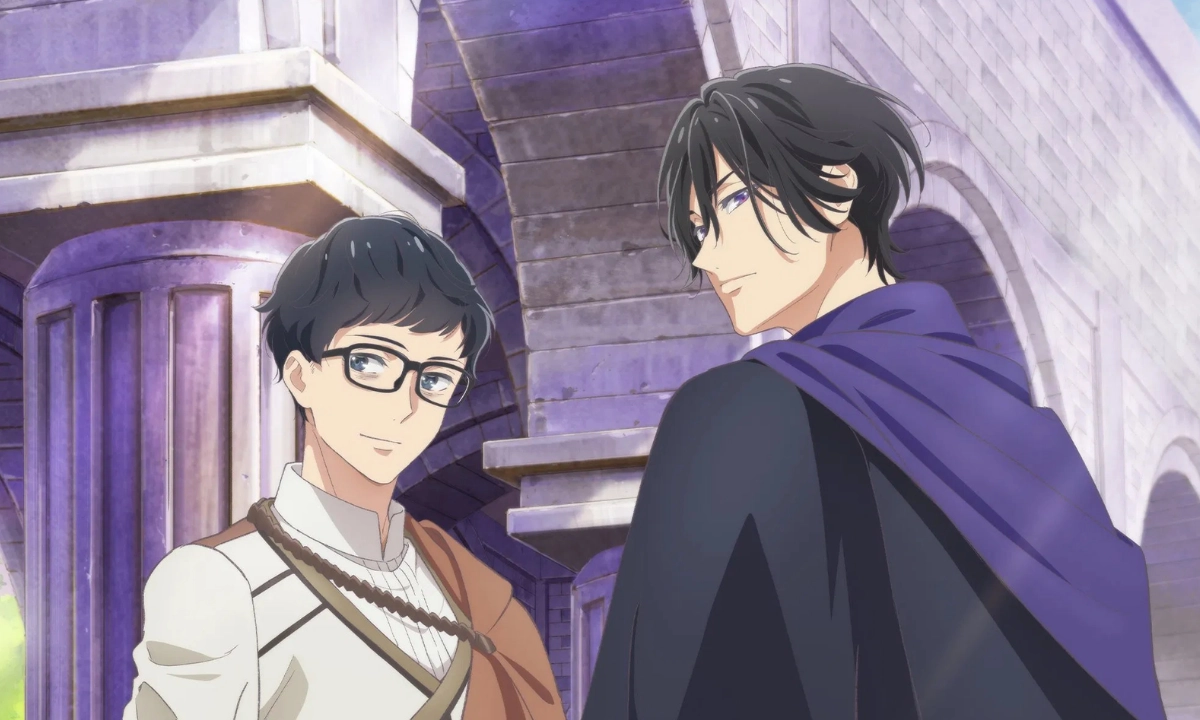 Two anime-style young men stand together outside a stone building, one wearing glasses and light clothing and the other dressed in dark clothing with a purple scarf.