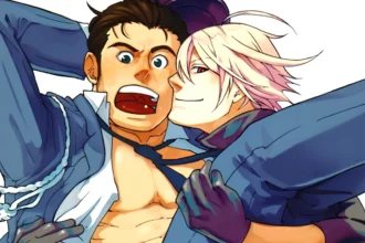 Anime artwork comparing bara and yaoi character designs featuring a muscular man and a slender bishounen character