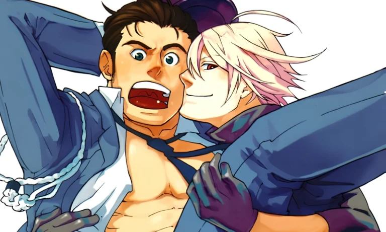 Anime artwork comparing bara and yaoi character designs featuring a muscular man and a slender bishounen character